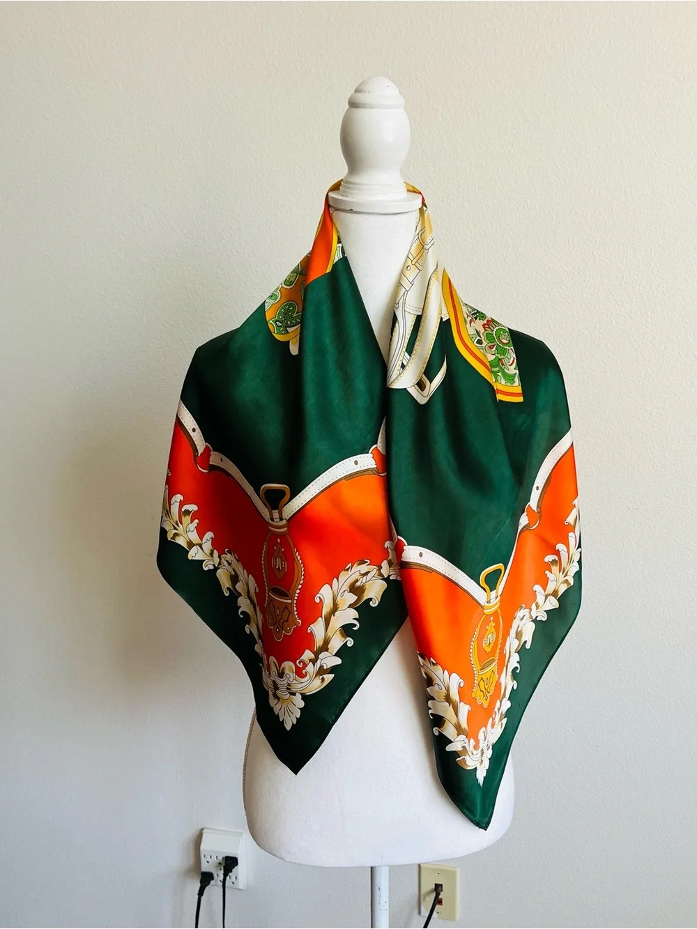 100% silk Equestrian Saddle Print Scarf in Green & Orange 34/34 inches